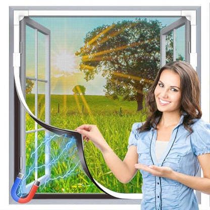 HOFUDON Window Screen Adjustable Magnetic Window Screen Replacement Max 47” x 51”, DIY Fiberglass Mesh Window Screens for House Windows White Frame Grey Mesh - color: White Frame Gray Mesh, size: 47" x 51"