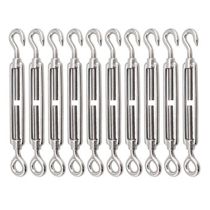 Turnbuckle Lsqurel 10PCS 304 Stainless Steel Turnbuckle Hook and Eye Heavy Duty M4 M6 M8 M10 Tensioner Adjustable Shade Sail Hardware for Tightening up Metal Cable Wire 5/32 1/4 5/16 3/8 - style: M8 - 10pcs