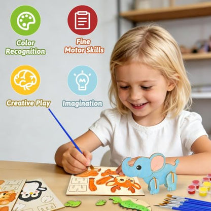 Vileafy 8 Pack Wooden Animal Painting Crafts for Kids Ages 4-8 | 8 Individual Party Favor with Paints & Brushes, DIY Build & Paint Arts and Crafts for Classroom, Birthday, Rainy Day Activity