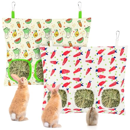 UPINS 2 Pack Guinea Pig Hay Feeder Bag,Bunny Rabbit Cage Bag Hanging Holder - color: Red Green, size: 34 x 28 cm