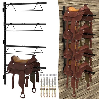 4 Tier Saddle Rack Wall Mount, Saddle Rack for English & Western Saddles | Space-saving, Easy to assemble, Tack Storage, Pad, Accessories etc for Horses