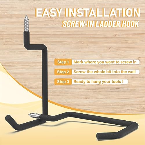 Screw in Ladder Hook, Black Heavy Duty Tool Holders 4PC, Bike Hooks, Wall Mount Garage Storage Hanger, Shelf Organizer for Hanging Bike, Ladder, Folding Chair, Cord | Black Steel Wall Mount Tool Holders for Bike, Ladder, Folding Chair, Cord, Garden Tools,