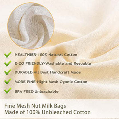 Nut Milk Bag Cloth Strainer for Food, 3 Pack 12" (2 of 12"X12" + 1 of 10") Organic Reusable Kitchen Premium Fine Mesh Cheesecloth, Sprouting, Juicing