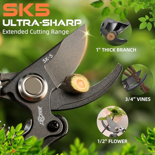 DECERK® 8.5" Professional Pruning Shears - Cuts 4X Easier with Ultra Sharp Japanese Steel Titanium Blade, Arthritis Friendly Garden Scissors & Plant Clippers, Effortlessly Prunes 3/4" Branches - style: Black Orange Clipper