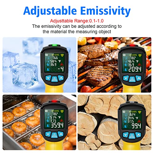 Infrared Thermometer Temperature Gun, -58°F to 1472°F, Digital Laser Thermometer Gun with Probe for Cooking, Pizza Oven, Grill & Engine, IR Thermometer Temp Gun with Adjustable Emissivity & Humidity - color: Yellow -58°F - 1472°F(-50-800℃)