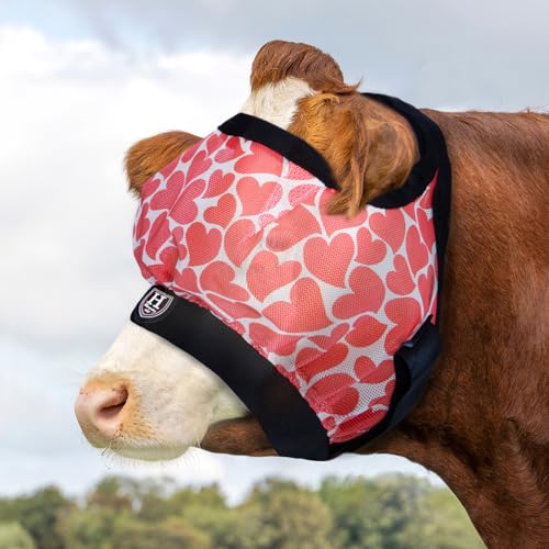 Harrison Howard Cattle Livestock Fly Mask Breathable Mesh Padded Edging with Fun Patterns Large Spacing Forelock Opening Design Adjustable Fit for Cattle Heart - color: Heart