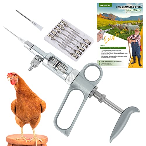 NEWTRY 5ml Livestock Syringe, Continuous Adjustable Animal Syringe | Stainless Steel, for Cattle Sheep Pig Goat Adjustable Dose Lightweight with10 needles & a hose