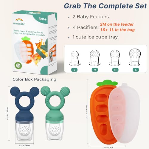 Baby Fruit Feeder 2 Pack with Freezer Tray, 4 Silicone Pouches in 3 Sizes, Breastmilk Popsicle Mold, Food Feeder Pacifier and Silicone Teether for Teething Relief, 4+ Months - color: Blue&Green