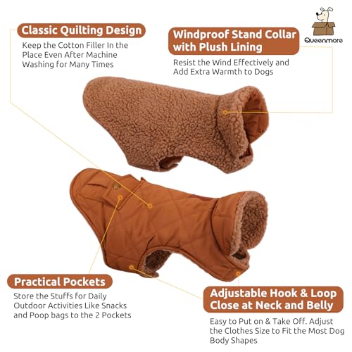 Queenmore XS Warm Puffer Dog Jacket Thick Plush Lining Winter Puppy Coat - color: Brown, size: X-Small