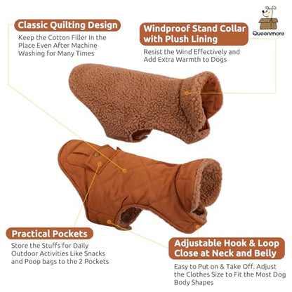 Queenmore XS Warm Puffer Dog Jacket Thick Plush Lining Winter Puppy Coat - color: Brown, size: X-Small