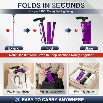 supregear Folding Cane, 5-Level Adjustable Height Walking Stick Lightweight Collapsible Portable Travel Cane with Wrist Strap and T Handle for Elderly Disabled Men Women - color: Purple
