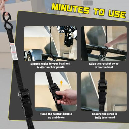 Boat Tie Down Straps to Trailer, 1 Inch x 4 FT Boat Transom Straps, 2100 LBS Break Strength with Security Lock S Hooks, Adjustable Boat Straps for Trailer, Jet ski, Boat, Kayak - color: Black