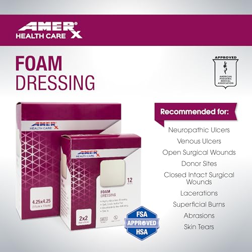 AMERX Foam Dressing - Wound Dressing Pads - Waterproof Barrier - Breathable, Self-Adhesive Border - 12 Count Per Box - size: 2" x 2" Pad