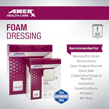 AMERX Foam Dressing - Wound Dressing Pads - Waterproof Barrier - Breathable, Self-Adhesive Border - 12 Count Per Box - size: 2" x 2" Pad