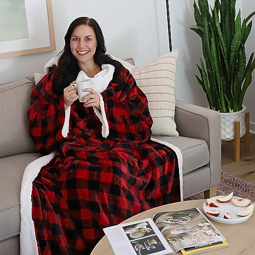 Catalonia Sherpa Wearable Blanket with Sleeves and Pocket for Adults - color: Red Checker, size: Standard Pocket