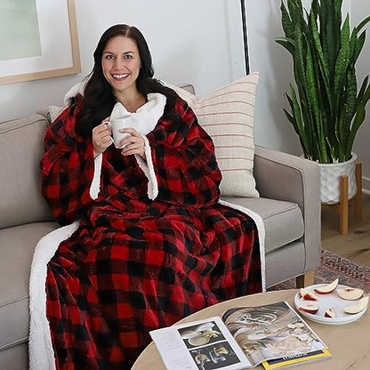 Catalonia Sherpa Wearable Blanket with Sleeves and Pocket for Adults - color: Red Checker, size: Standard Pocket