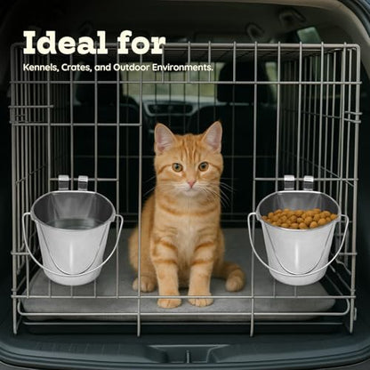 2 Quart Stainless Steel Flat Sided Bucket with Dual Hooks | 2 Pcs Durable Food & Water Bowl for Dog Cats Bird & Small Animals | Fits kennel Cage Crates Hanging Pet Pail | Multipurpose use - size: 2 Quart (Pack of 2)