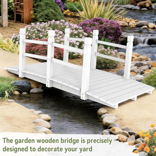 Outvita 5 ft Garden Wooden Bridge Arch Stained Finish with Safety Rails Outdoor Footbridge for Backyard Creek Farm, Decorative Pond Bridge - size: 5ft-white