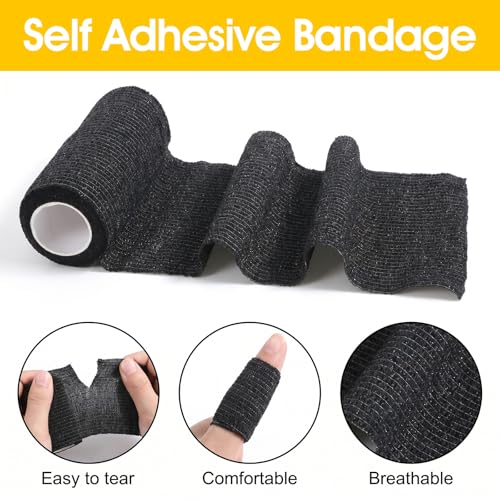 24 Packs Self Adhesive Bandage Wrap, Black Bandage Wrap 4 Inch x 5 Yard, Elastic Cohesive Bandages Tape for Sports Wrist Ankle Support, Vet Wraps for Horses Dogs Wound Care