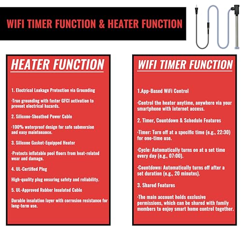 Immersion Water Heater 3500W 240V Portable Hot Tub & Pool Submersible Electric Water Heater with Temp Control & WiFi Timer for Hot Tub, Bathtub, Baptistry, Inflatable Pool, Baptismal Pool