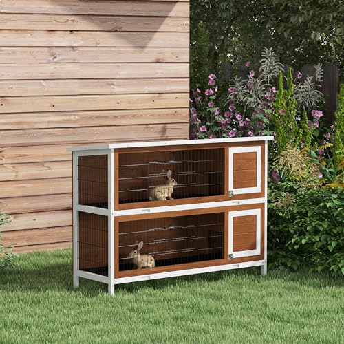 PawHut 54" 2-Story Large Rabbit Hutch Bunny Cage, Lockable Doors Brown - color: Coffee Brown