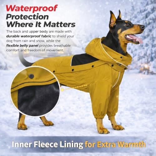 LOVELONGLONG Fleece-Lined Dog Raincoat with Removable Hood – Waterproof Winter Full Body Dog Jacket – Windproof Snowproof Cold-Weather Suit – Yellow-F L - color: Mustard Yellow Fleeced, size: L (Back 16.5")