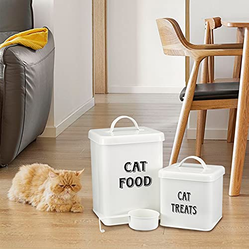 Pethiy Cat Food and Treats Containers Set with Scoop for Cats-Vintage Cream Powder-Coated Carbon Steel-Tight Fitting Lids-Storage Canister Tins-catfood-white