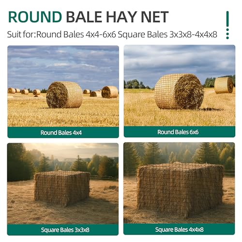 Round Bale Hay Net 6x6 Ft Polyester Knotless Slow Feed Hay Net with 1 3/4"