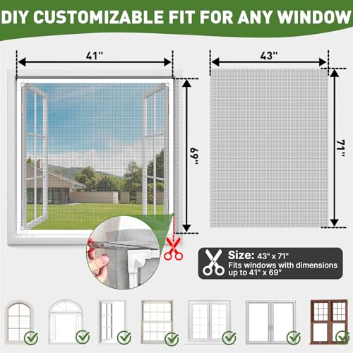 HOFUDON Window Screen Adjustable Magnetic Window Screen Replacement Max 43” x 71”, DIY Fiberglass Mesh Window Screens for House Windows White Frame Grey Mesh - color: White Frame Gray Mesh, size: 43" x 71"