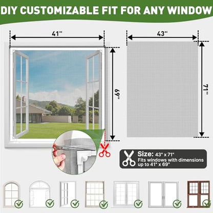 HOFUDON Window Screen Adjustable Magnetic Window Screen Replacement Max 43” x 71”, DIY Fiberglass Mesh Window Screens for House Windows White Frame Grey Mesh - color: White Frame Gray Mesh, size: 43" x 71"