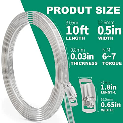 OURU 10FT Hose Clamps,304 Stainless Steel Hose Clamp Assortment Kit DIY Metal Strapping with Holes+8 Fasteners,Adjustable Worm Gear Large Hose Clamps Metal Band Screw Clamp Straps for Pipe,Duct,Tube - size: 10FT Metal Strapping+8 Fasteners