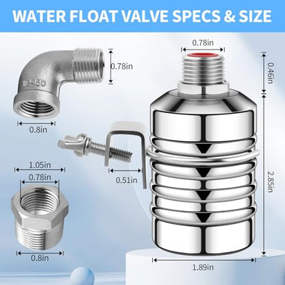 2Pcs Aquapulse Water Float Valve, Stainless Steel 1/2inch to 3/4inch Automatic Water Shut Off Float Valves for Garden Hose, Stock Tank, Water Tanks, Livestock Troughs, Pool, Water Trough