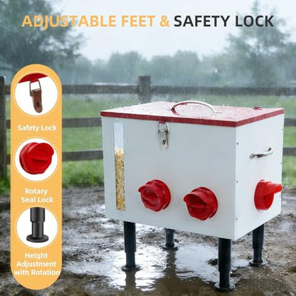 60LB Large Automatic Chicken Feeder with Viewing Window, 7 Port No Waste Design,Rodent Proof Metal Chicken Feeder with Adjustable Height Legs and Safety Latch, Suitable for Outdoor Coops.