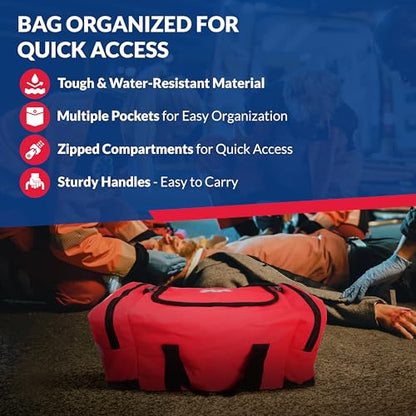 Fully Stocked Trauma First Aid Kit – First Responder II Bag with Tools, Gauze, Bandages, Scissors & Gloves – Compact & Portable – OSHA and ANSI Compliant – Red - color: Red