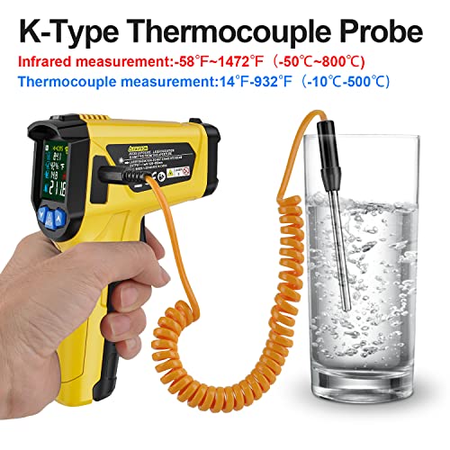 Infrared Thermometer Temperature Gun, -58°F to 1472°F, Digital Laser Thermometer Gun with Probe for Cooking, Pizza Oven, Grill & Engine, IR Thermometer Temp Gun with Adjustable Emissivity & Humidity - color: Yellow -58°F - 1472°F(-50-800℃)