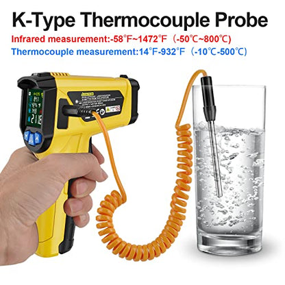 Infrared Thermometer Temperature Gun, -58°F to 1472°F, Digital Laser Thermometer Gun with Probe for Cooking, Pizza Oven, Grill & Engine, IR Thermometer Temp Gun with Adjustable Emissivity & Humidity - color: Yellow -58°F - 1472°F(-50-800℃)
