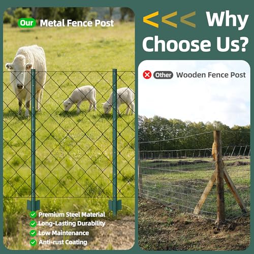 Metal Fence Post 6ft, Heavy Duty Garden Post Pack of 10 Green - color: Green, size: 6FT-10PACK