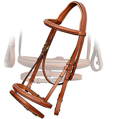 Exion English Jumping Bridle with Flash & Rubber Reins – Anatomical Padded Horse Bridle – Premium Leather Designer Stitched Hunter Jumper Tack – Brass Buckles – Pony, Cob, Full, Warmblood - color: Conker (Tan Brown), size: Cob/Medium Size