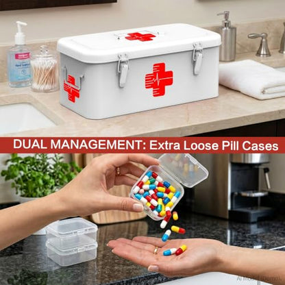 Orionstar Metal First Aid Box with Handle, 3 Pill Organizers, White - color: White