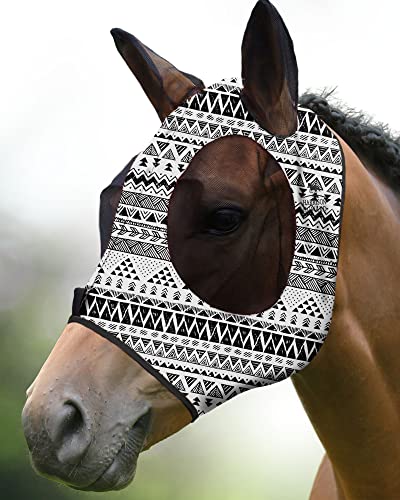 Harrison Howard Super Comfort Stretchy Fly Mask Large Eye Space with UV Protection Soft on Skin with Breathability Doodle Aztec M Cob - color: Doodle Aztec, size: Cob (Medium)