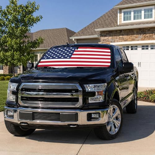 Windshield Sun Shade with American Flag Design, Heat-Insulation Patriotic Auto Sun Shade for Front Windshield, Foldable US Flag Windscreen UV Ray Blocker for Cars Trucks SUVs (Red) - color: Red