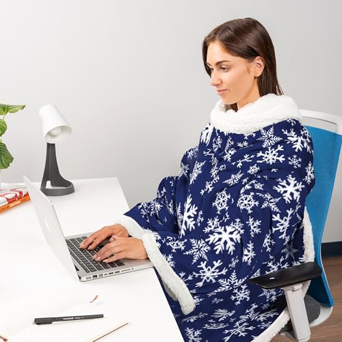 PAVILIA Sherpa Wearable Blanket with Sleeves and Pocket, Plush Thick Cozy Body Blanket Wrap for Adult Women Men, Christmas Gift for Wife Mom, Snowflake Blue - color: Snowflake Blue