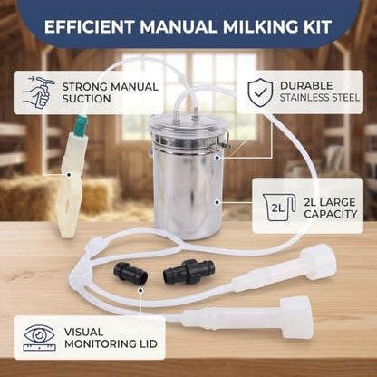 Manual Goat Milker, Suction Control, 2L Stainless Steel