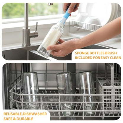 Sursip 10 oz Glass Juice Bottles, 6 Pack, Leakproof Stainless Lids - color: Silver lid- 6 pack, size: 10 OZ