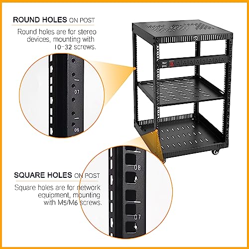 RIVECO 15U Network Rack with Reinforced Top Cover - 4 Post Floor Rack on Wheels for 19" Equipment & Stereo Gear- Including Rack Mount Power Strip & 1PCS 1U Rack Shelf - size: 15U