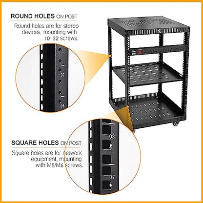 RIVECO 15U Network Rack with Reinforced Top Cover - 4 Post Floor Rack on Wheels for 19" Equipment & Stereo Gear- Including Rack Mount Power Strip & 1PCS 1U Rack Shelf - size: 15U