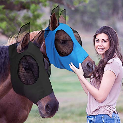 Weewooday 2 Pcs Horse Fly Mask with Ears, Soft Stretchy Horses Face Masks for Flies, Breathable Mesh Eye Cover, UV Protection Horse Masks for Pasture, Barn, Turnout(L,Blue, Black) - color: Blue, Black, size: L