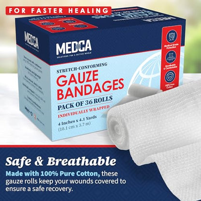MEDca Gauze Bandage Rolls - 36 Pack, 4 in x 4.1 Yards Per Roll, Medical Grade Stretch Wrapping for Dressing All Types of Wounds and First Aid Kit (4-Inch, 36 Pcs)