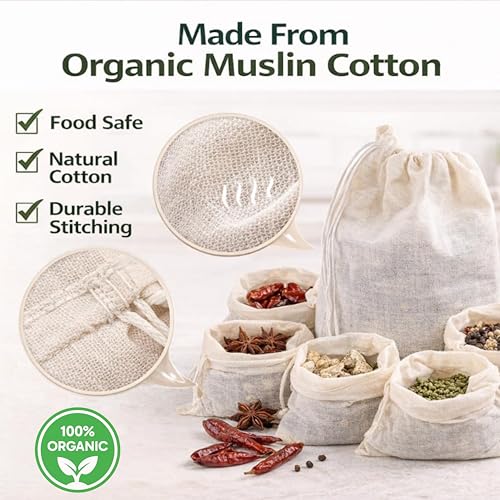Organic Cotton Spice Bags with Drawstring – 30 Pcs Reusable 3x4 Tea Bags, Muslin bags for Cooking, Soup bag, Herbs & Loose Leaf Tea – Cheesecloth Straining Pouch - size: Spice Bag (30 Pack)