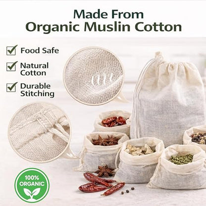 Organic Cotton Spice Bags with Drawstring – 30 Pcs Reusable 3x4 Tea Bags, Muslin bags for Cooking, Soup bag, Herbs & Loose Leaf Tea – Cheesecloth Straining Pouch - size: Spice Bag (30 Pack)